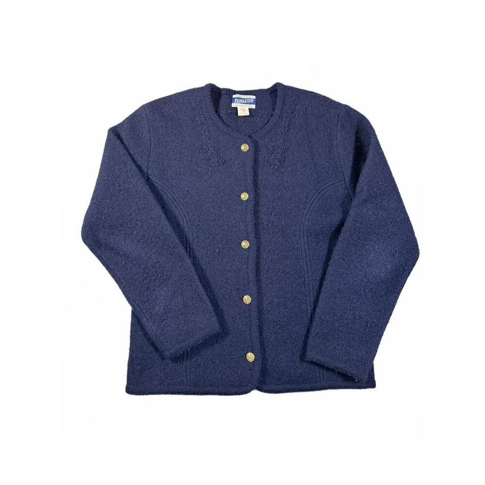 Vintage Pendleton Women's Small Navy 100% Virgin Wool Cardigan Sweater USA